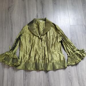 Whimsigoth Agora Jacket Womens Medium Green Crinkle Ruffle Button Up Bold Sleeve
